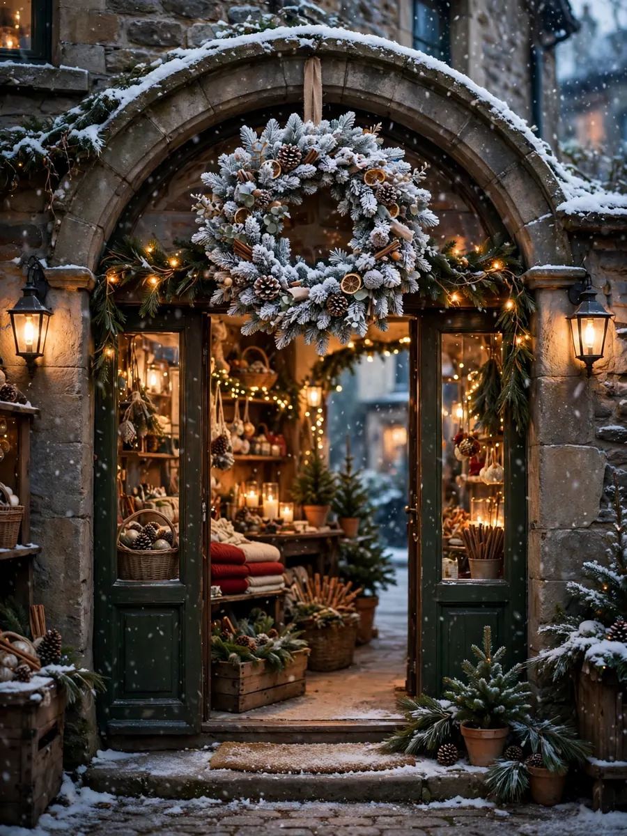 Snowy flocked Christmas wreath on the arched doorway of a charming Christmas shop