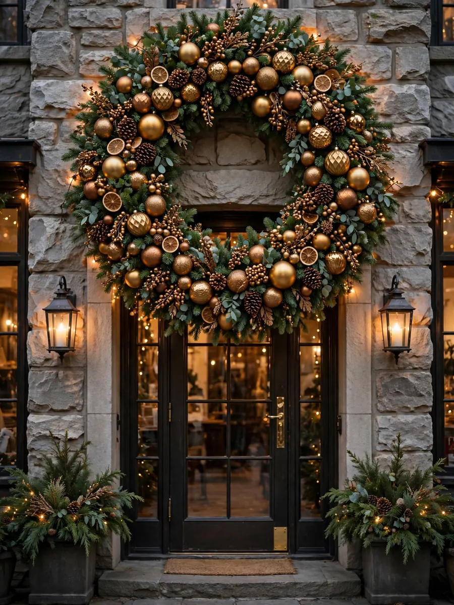 Oversized Christmas wreath with golden bronze ornaments on the stone wall of an elegant shop entrance