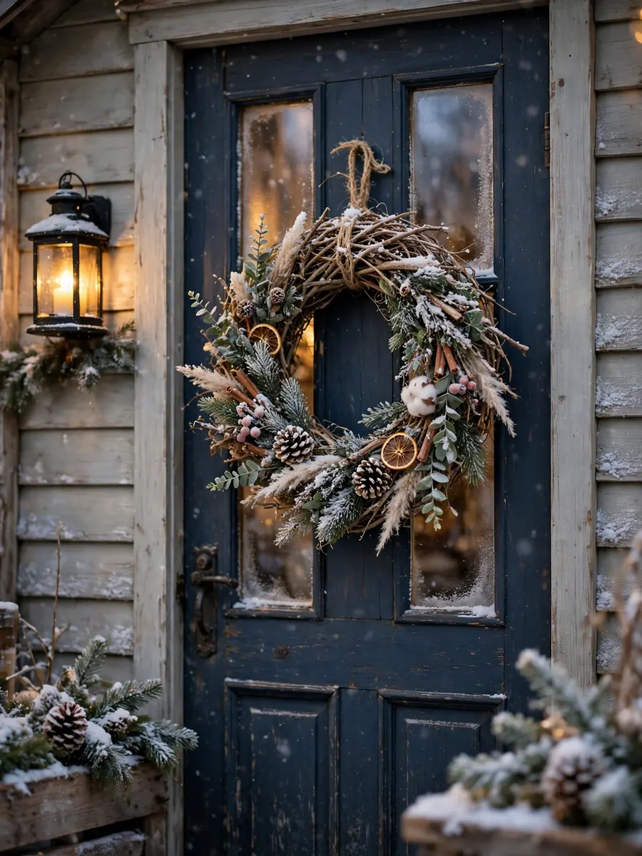 Natural jute and twig Christmas wreath on a farmhouse shop door with snowy decorations