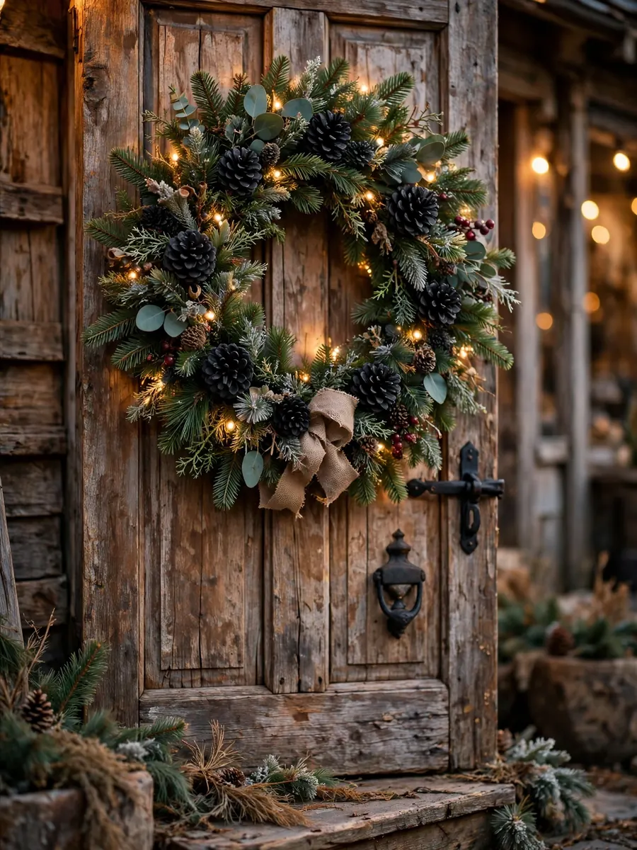 Commercial Christmas wreath with matte black pinecones on the rustic wooden door of a country store