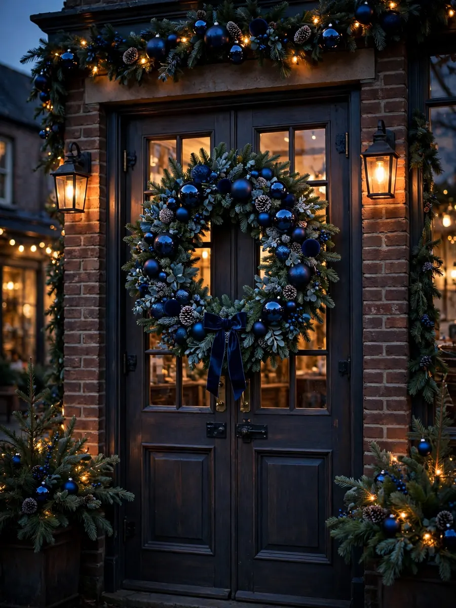 Large Christmas wreath with midnight sapphire baubles on the double doors of a festive storefront at dusk