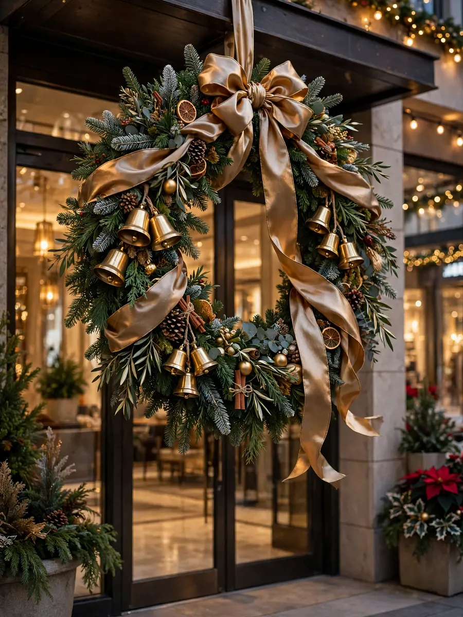 Opulent silk ribbon and bell accents on a big Christmas wreath at a shopping mall entrance