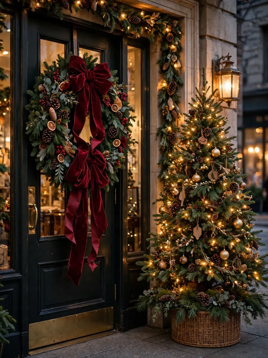 Large commercial Christmas wreath with plush velvet ribbon on a grand storefront door beside a decorated tree