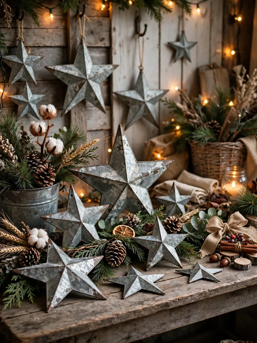 Distressed Zinc Star Highlights idea for Farm Christmas Decorations