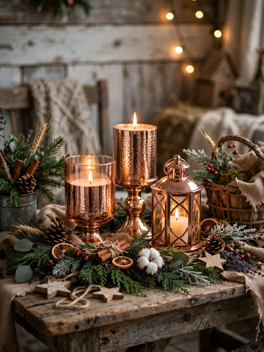 Rose Gold Candle Decor idea for Farm Christmas Decorations