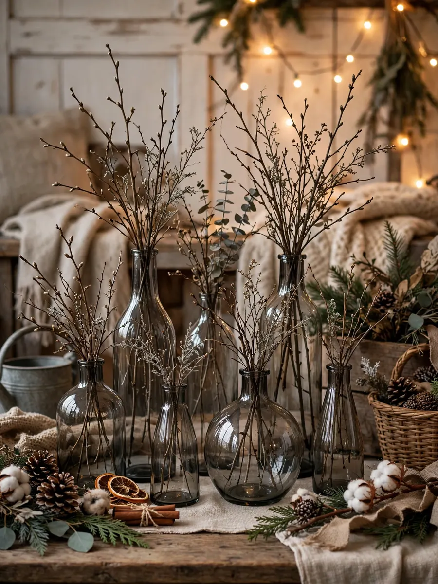 Smoked Glass Twig Arrangements idea for Farm Christmas Decorations