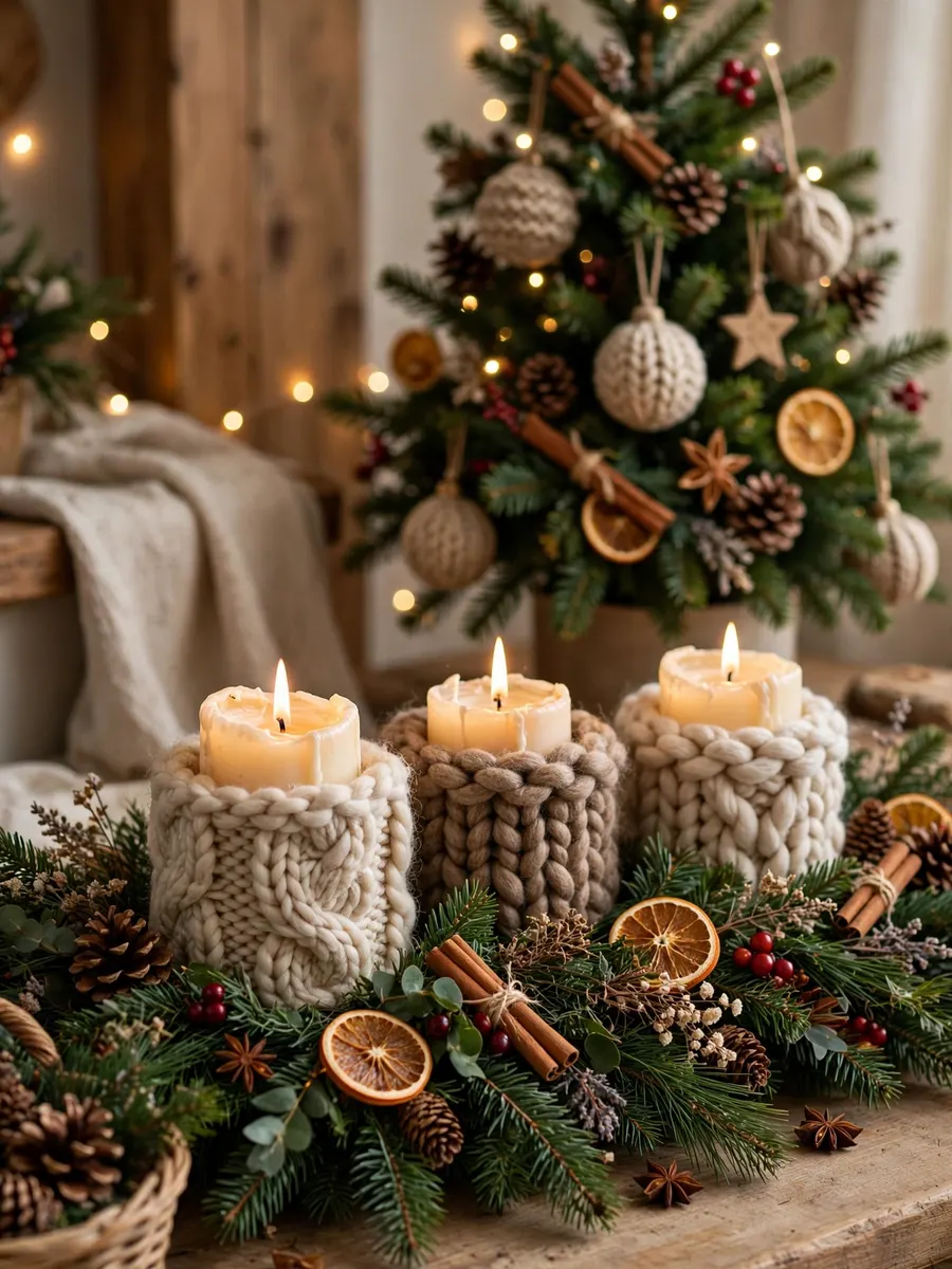 Chunky Wool Candle Accents idea for Garland Christmas Tree