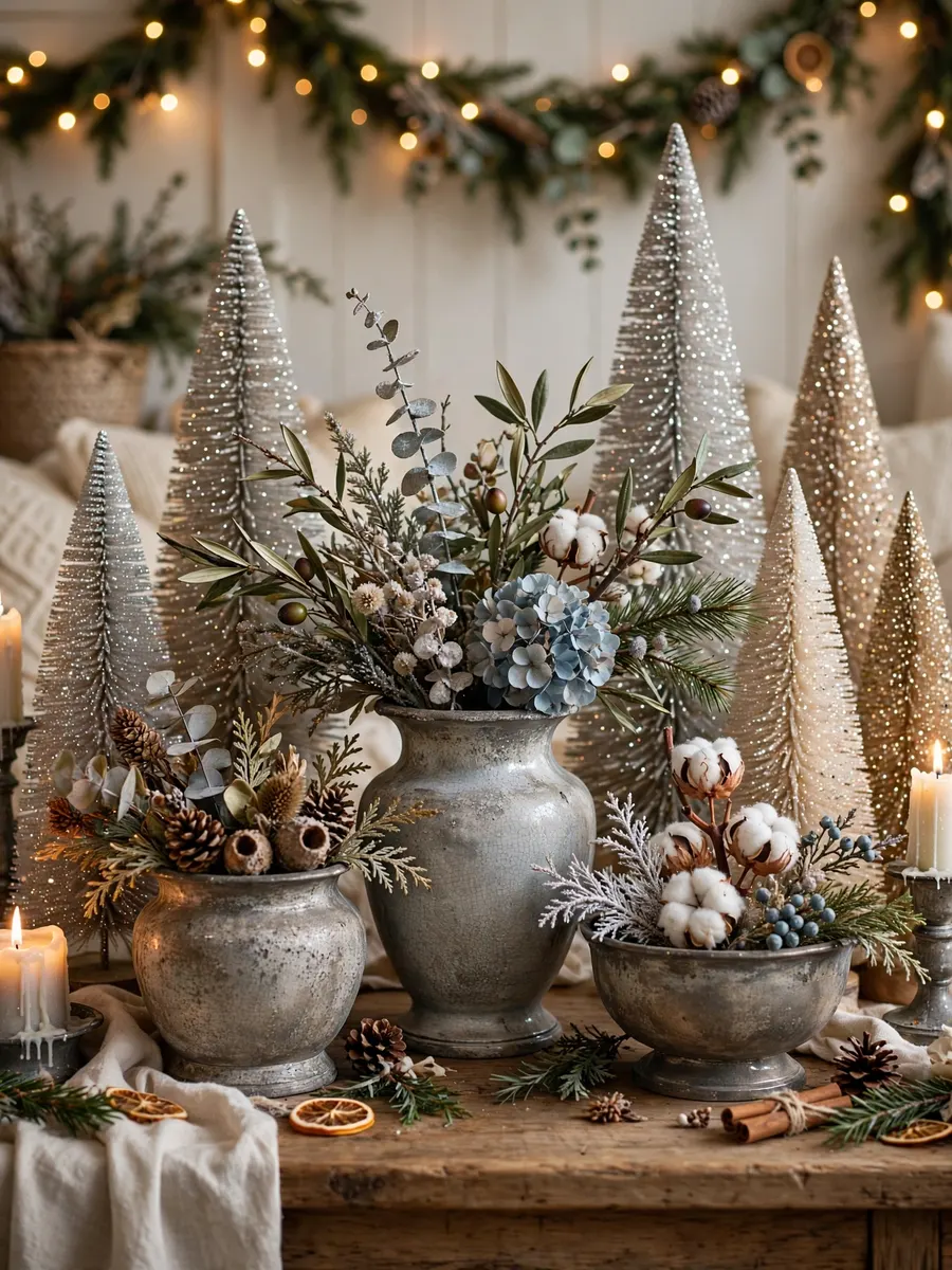 Aged Pewter Porcelain Arrangements idea for Glitter Christmas Trees