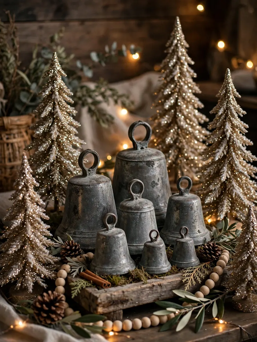 Distressed Zinc Bell Displays idea for Glitter Christmas Trees