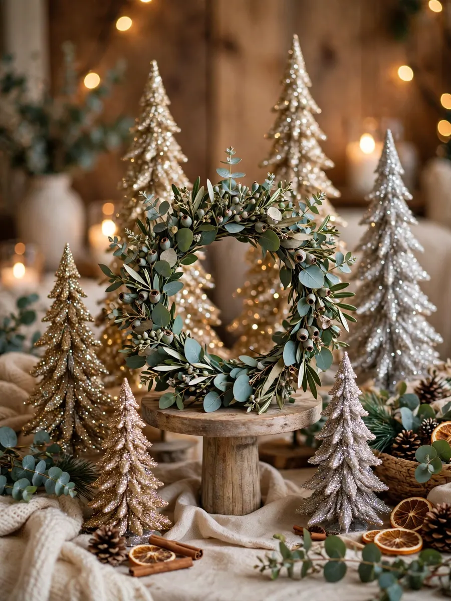 Eucalyptus Spray Crown Decor idea for Glitter Christmas Trees