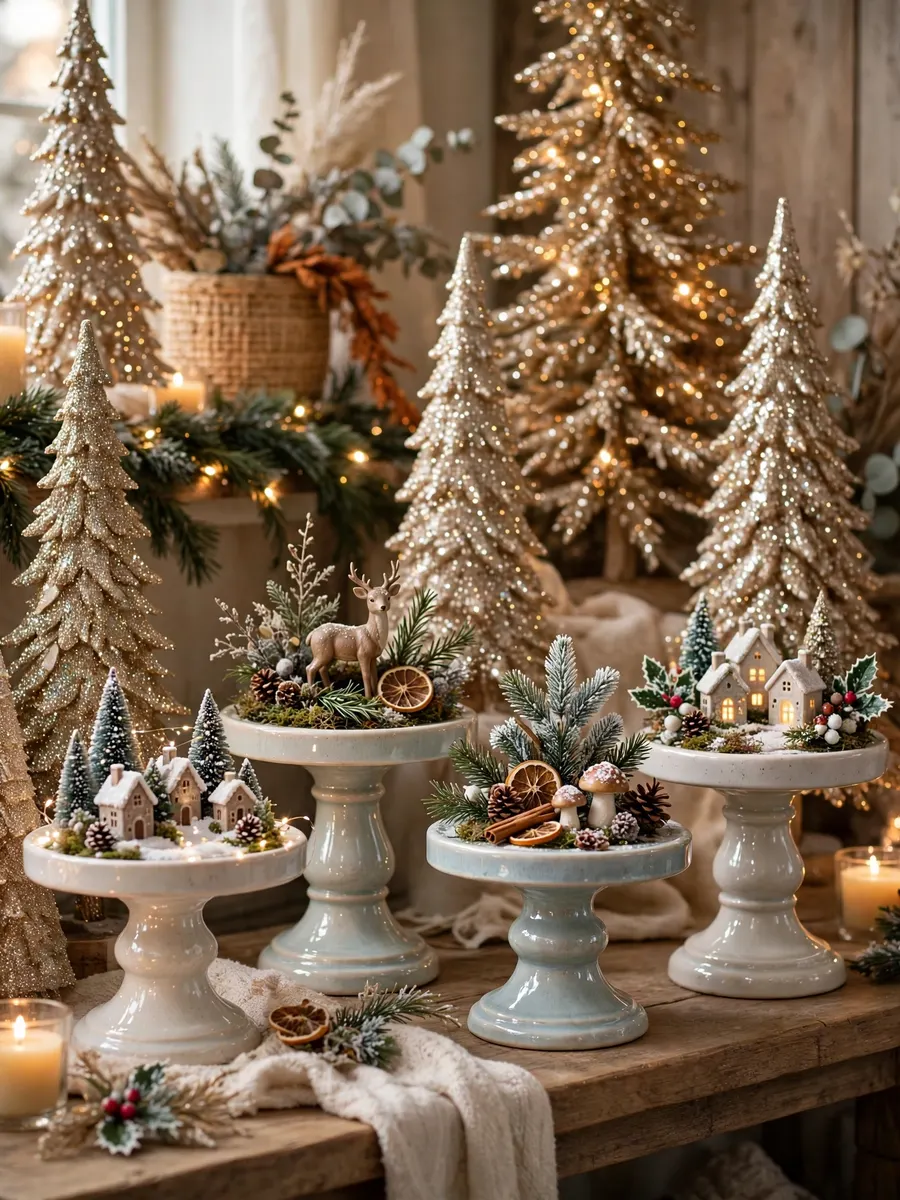Glazed Ceramic Pedestal Vignettes idea for Glitter Christmas Trees