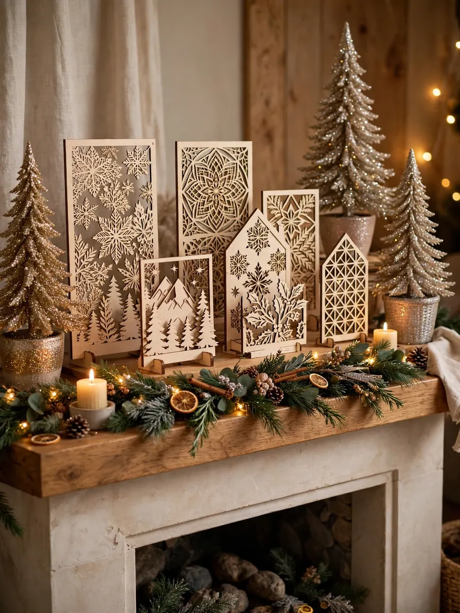 Laser-Cut Wood Mantel Displays idea for Glitter Christmas Trees