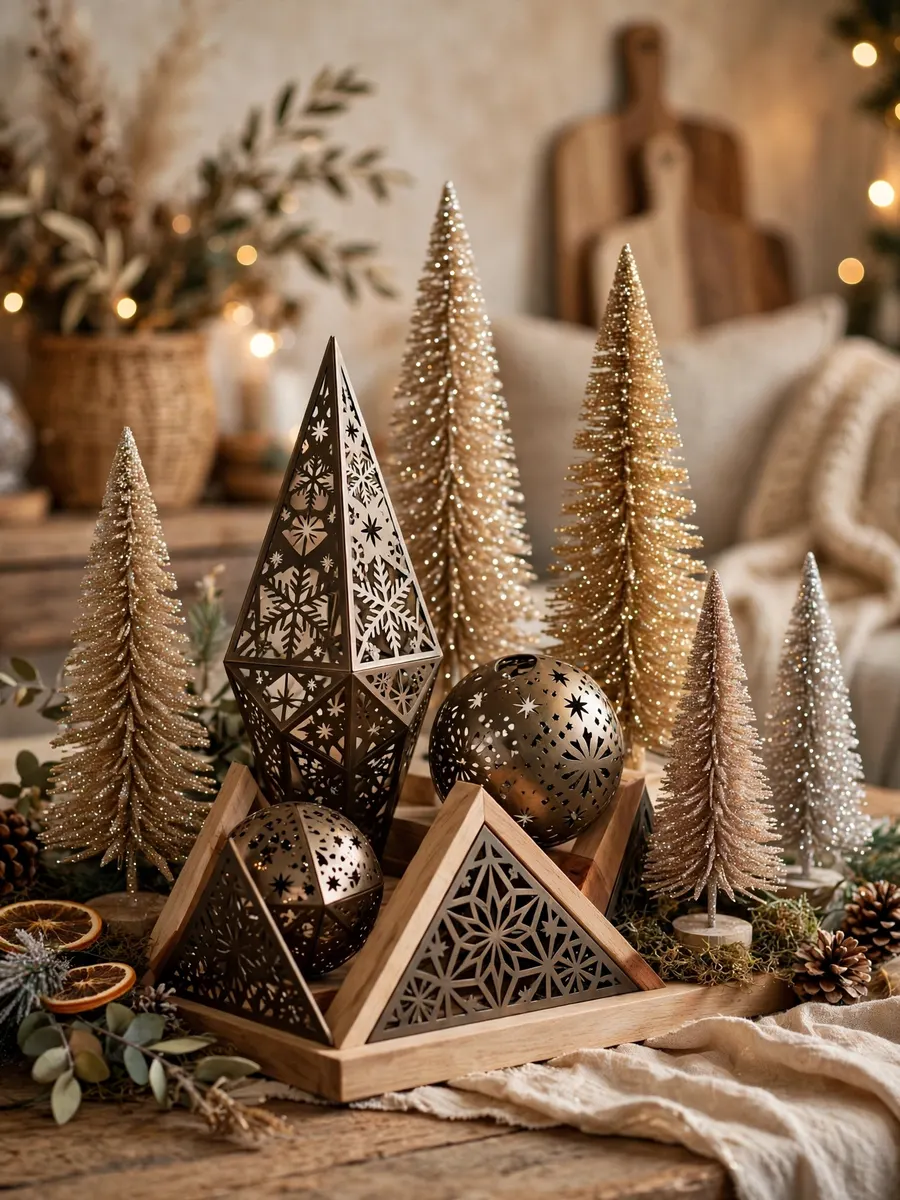 Pierced Metal Wood Arrangements idea for Glitter Christmas Trees