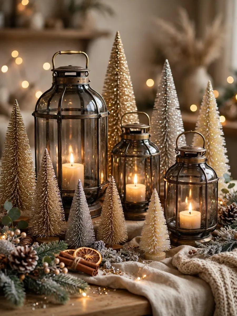 Smoked Glass Lantern Styling idea for Glitter Christmas Trees