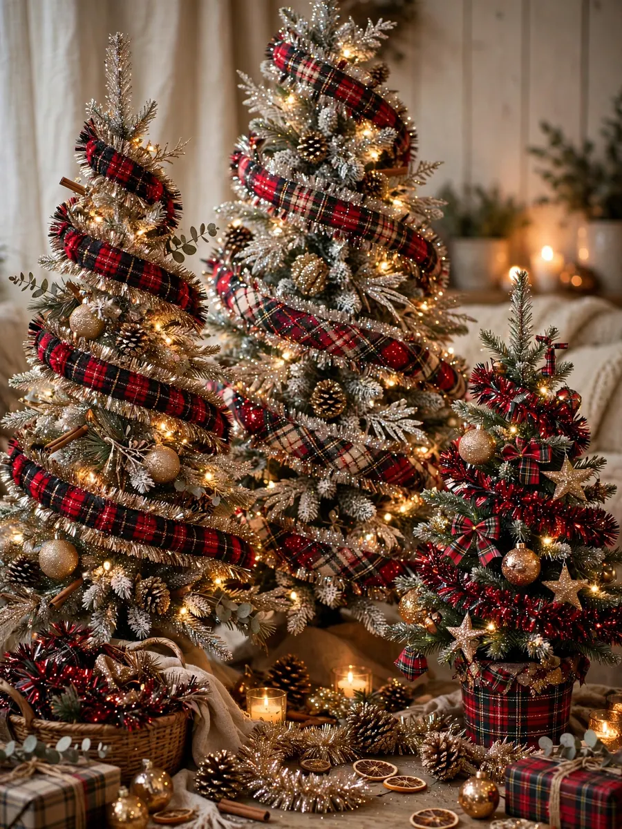 Tartan Plaid Tinsel Features idea for Glitter Christmas Trees