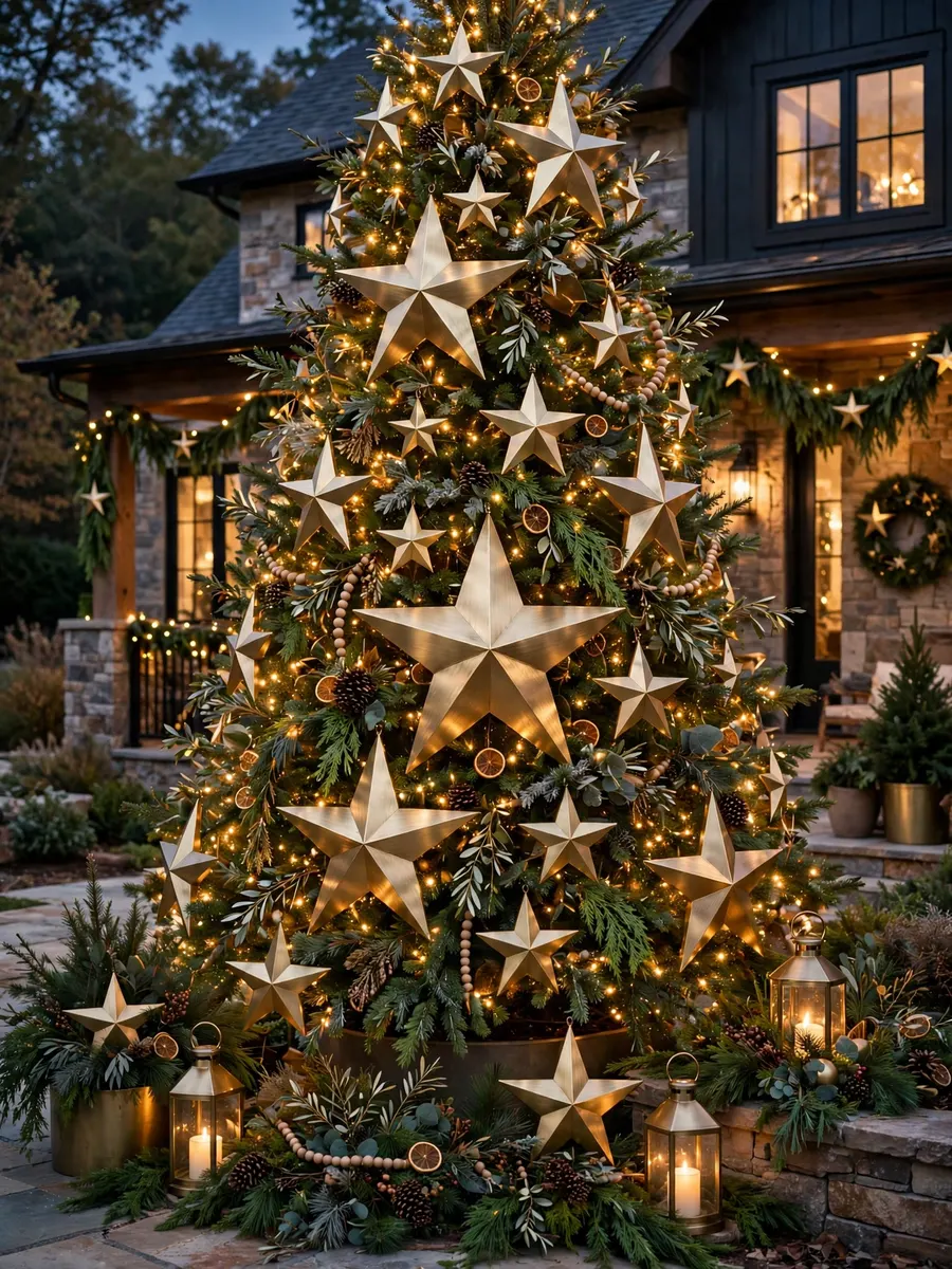 Brushed Brass Star Decor idea for Huge Outdoor Christmas Tree