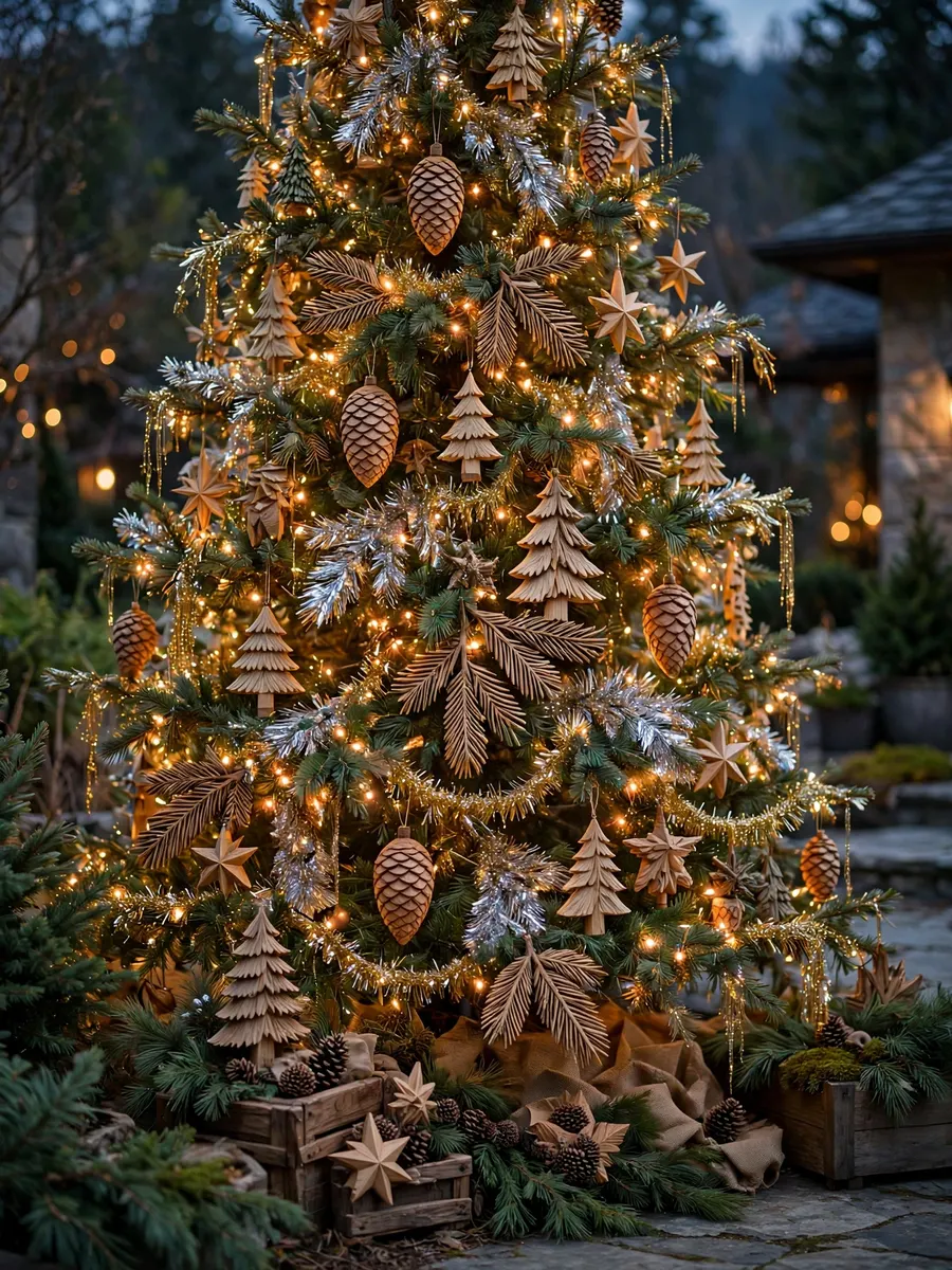 Carved Pine Tinsel Highlights idea for Huge Outdoor Christmas Tree