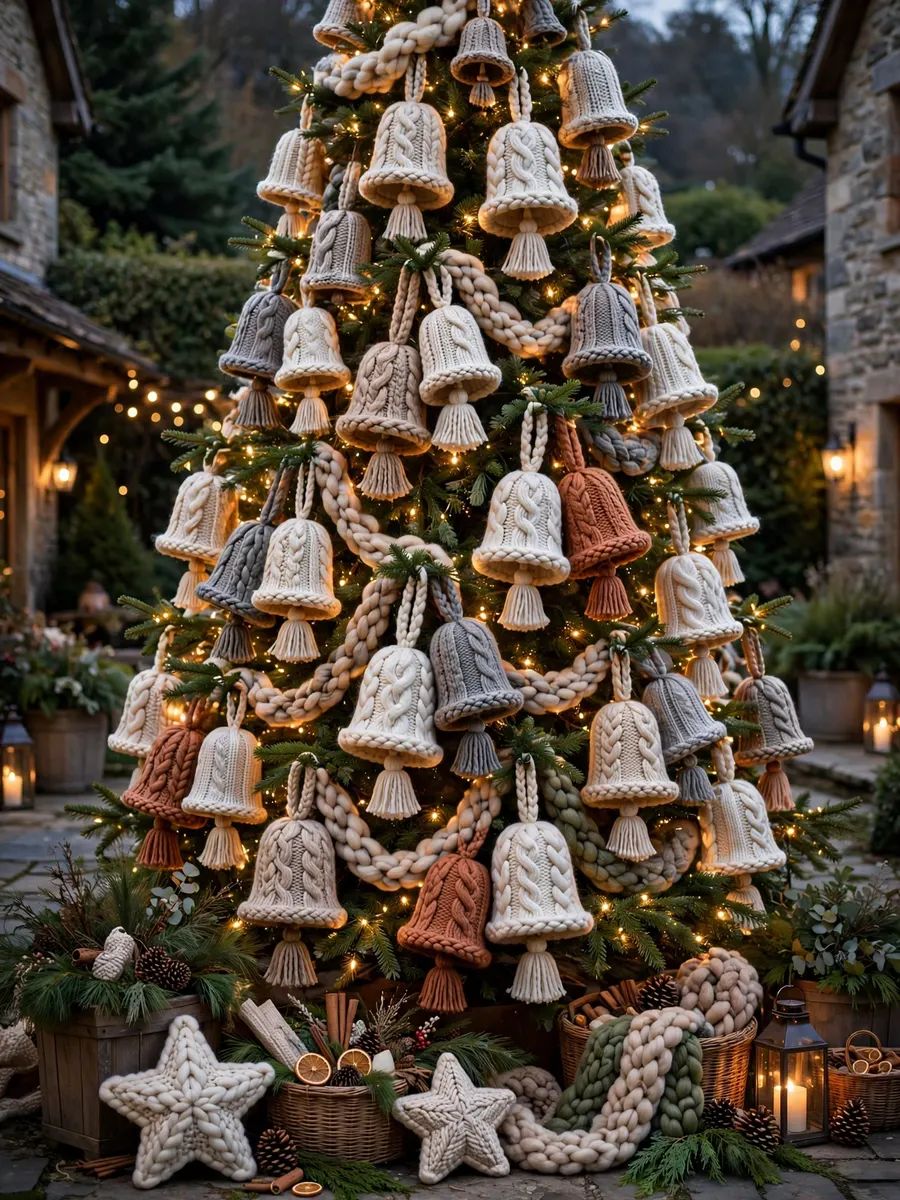 Chunky Wool Bell Arrangements idea for Huge Outdoor Christmas Tree