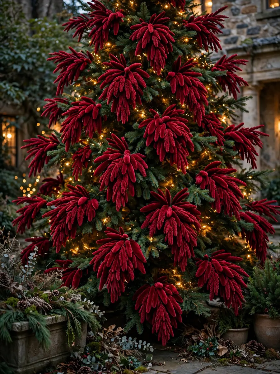 Crimson Velvet Needle Clusters idea for Huge Outdoor Christmas Tree