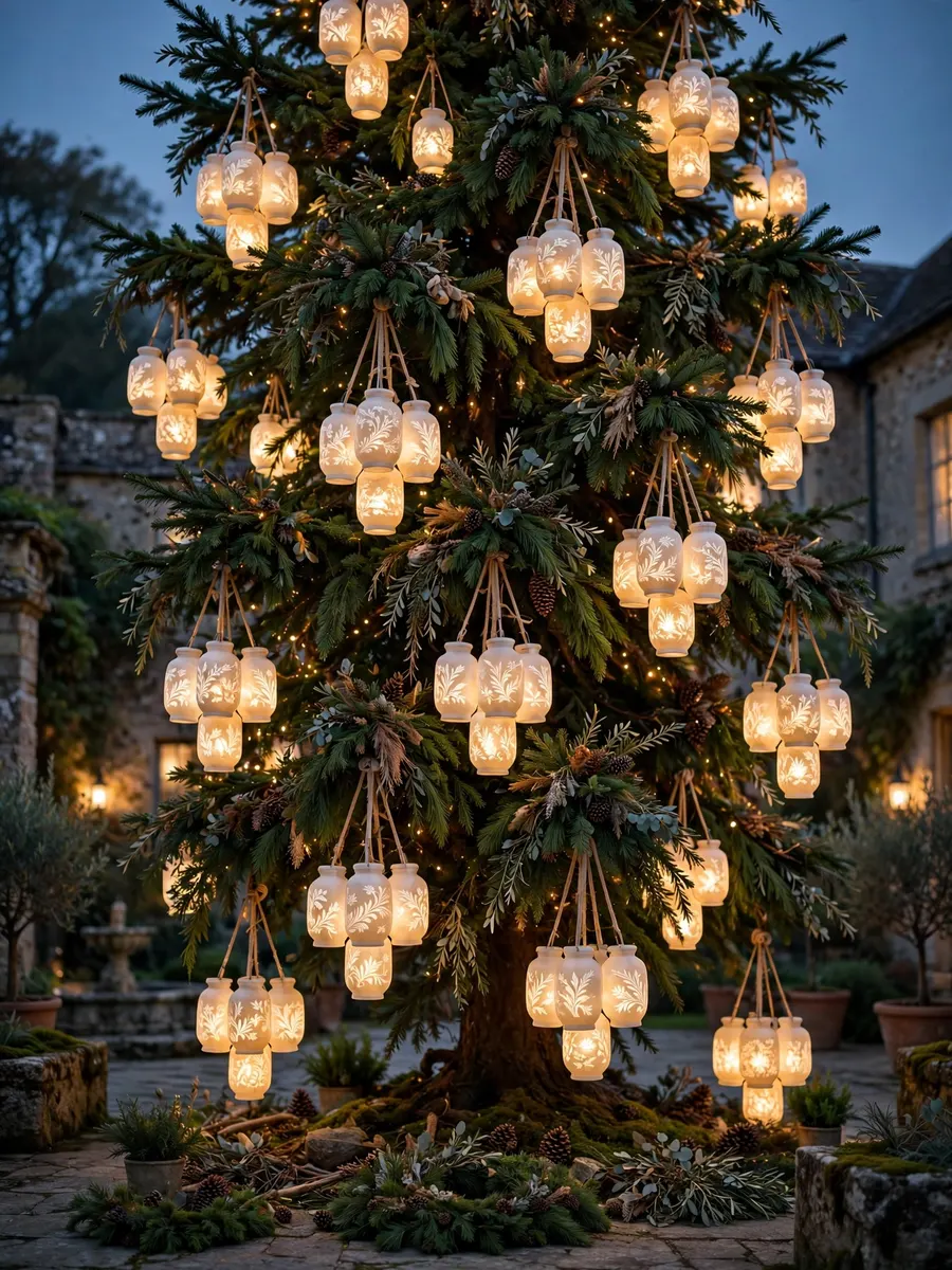 Etched Alabaster Lantern Clusters idea for Huge Outdoor Christmas Tree