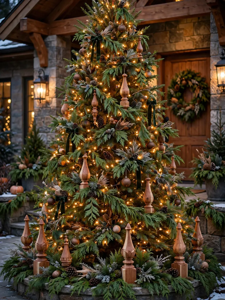 Fresh Cedar Finials Touches idea for Huge Outdoor Christmas Tree