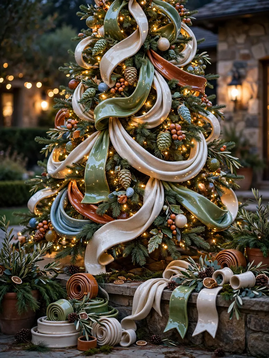 Glazed Ceramic Ribbon Touches idea for Huge Outdoor Christmas Tree
