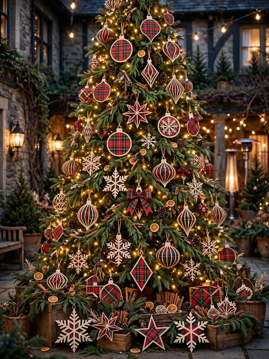 Laser-Cut Wood Tartan Highlights idea for Huge Outdoor Christmas Tree