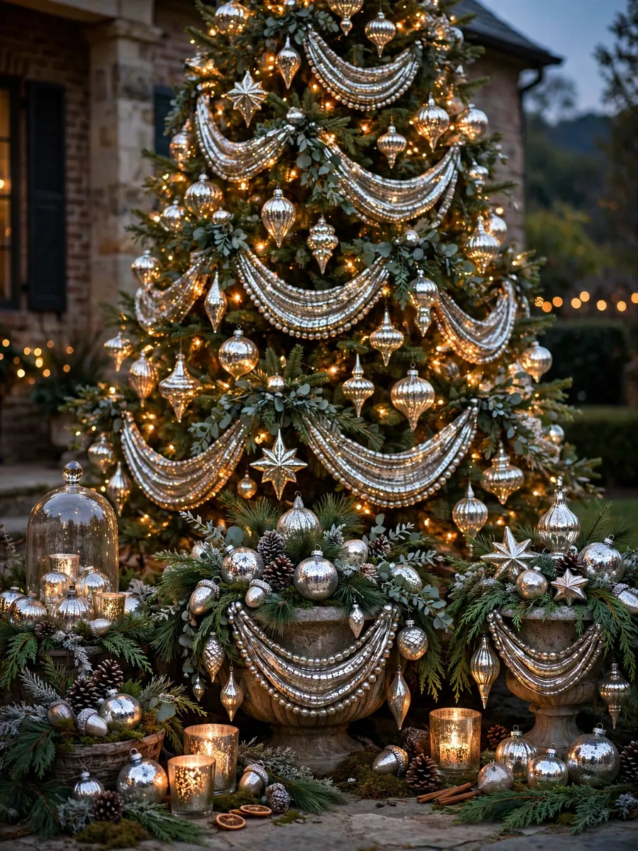 Mercury Glass Swags Vignettes idea for Huge Outdoor Christmas Tree
