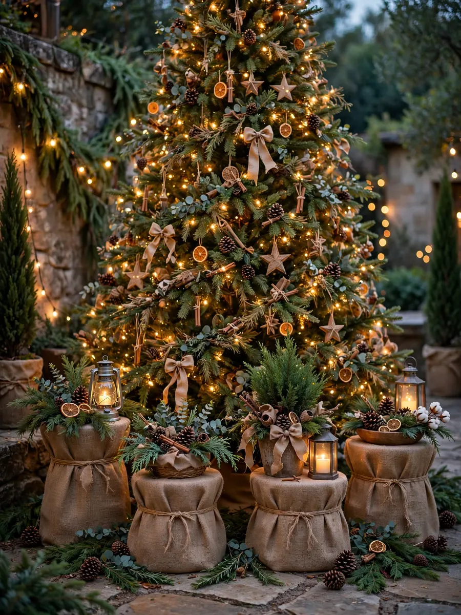 Natural Burlap Pedestal Accents idea for Huge Outdoor Christmas Tree