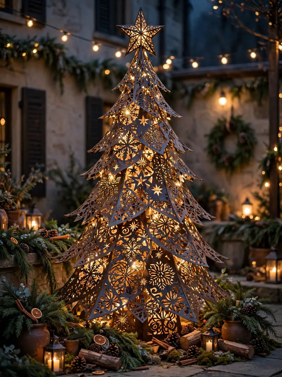 Pierced Metal Tree Features idea for Huge Outdoor Christmas Tree