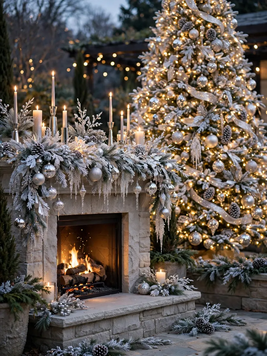 Shimmering Platinum Hearth Styling idea for Huge Outdoor Christmas Tree