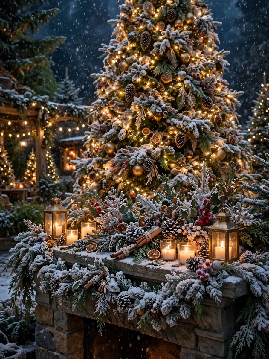 Snowy Flocked Mantel Arrangements idea for Huge Outdoor Christmas Tree
