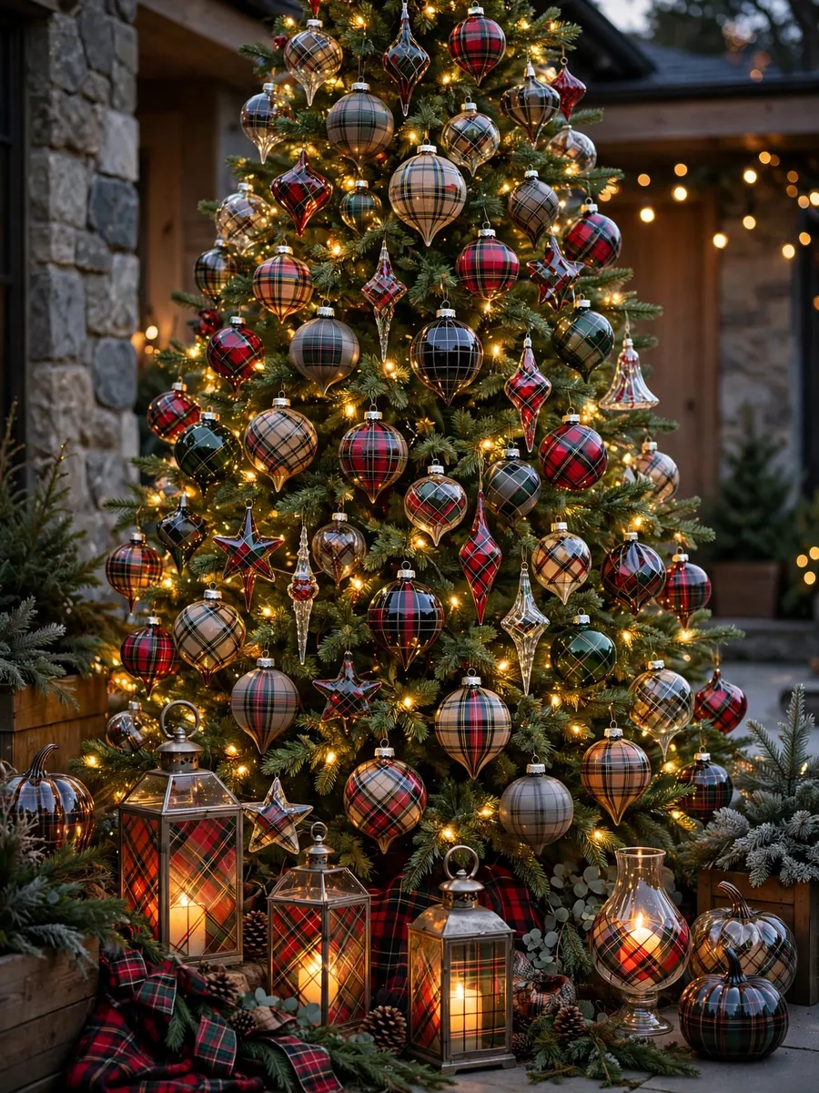 Tartan Plaid Glass Styling idea for Huge Outdoor Christmas Tree