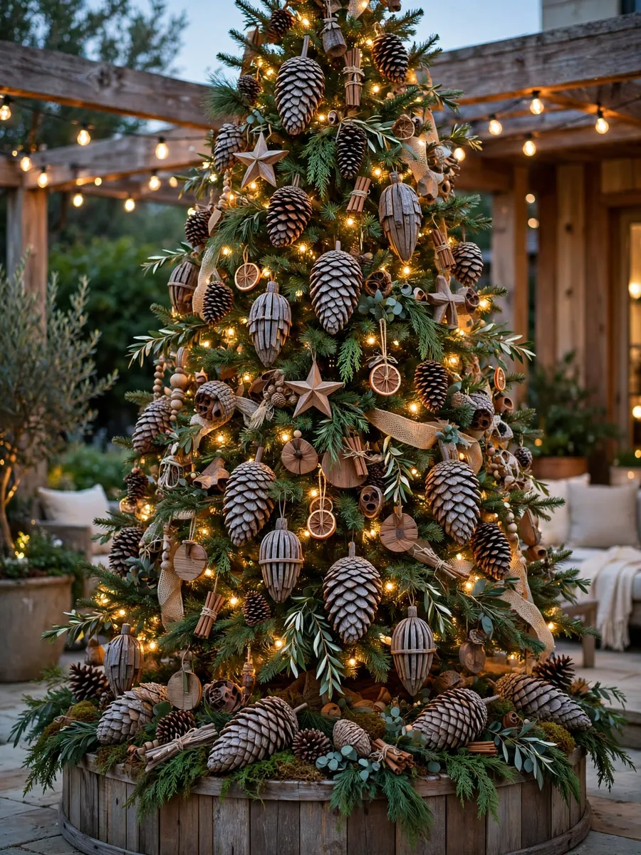 Weathered Teak Pinecones Accents idea for Huge Outdoor Christmas Tree