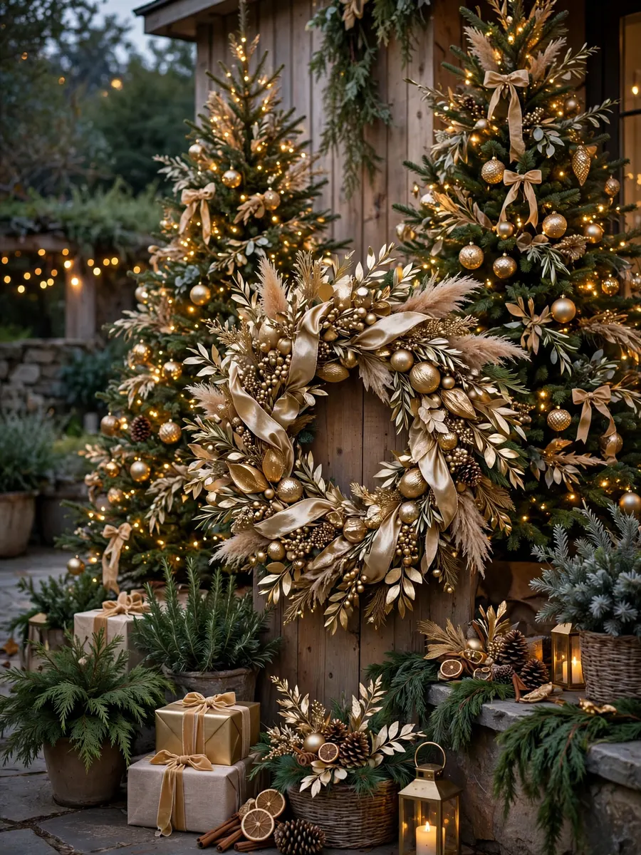 Champagne Gold Wreath Styling idea for Large Outdoor Christmas Tree