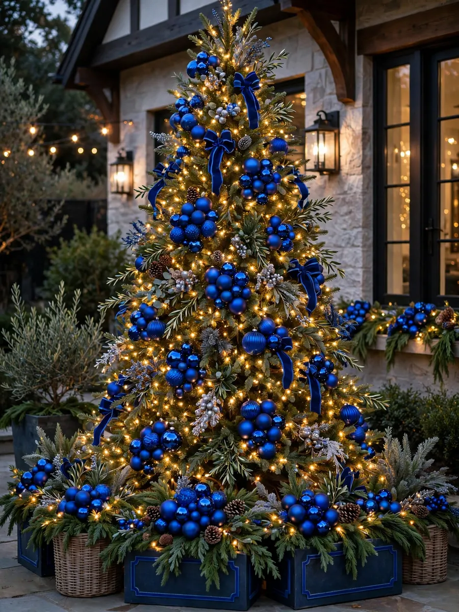 Cobalt Blue Borders Clusters idea for Large Outdoor Christmas Tree