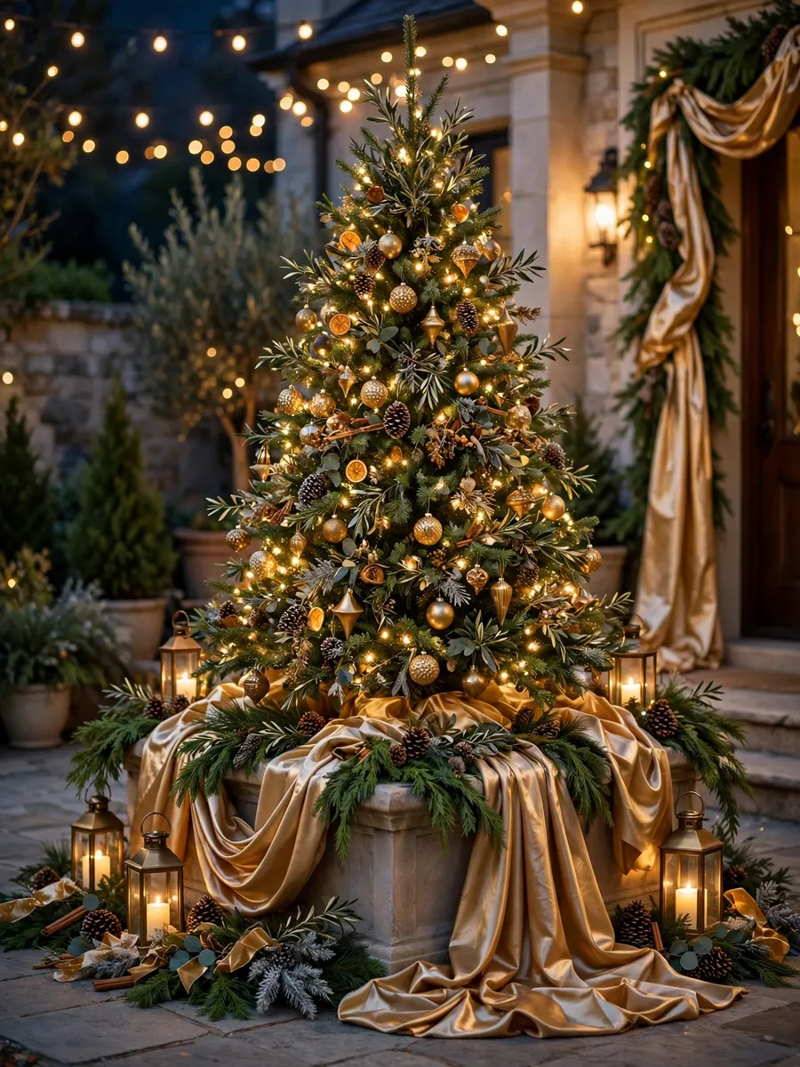 Opulent Silk Runners Accents idea for Large Outdoor Christmas Tree