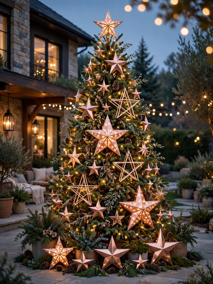 Rose Gold Star Displays idea for Large Outdoor Christmas Tree