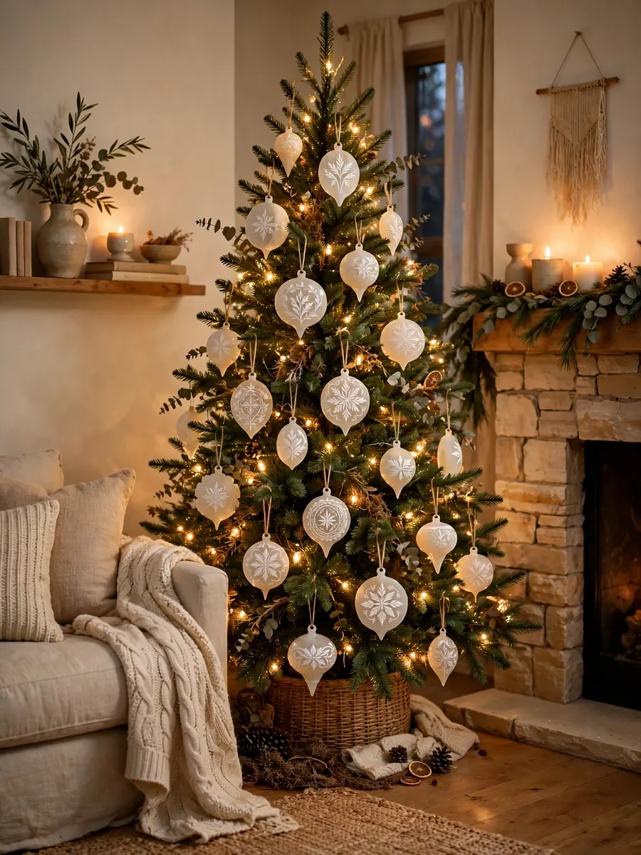 Indoor Christmas tree with etched alabaster ornaments and warm fairy lights in a cozy living room