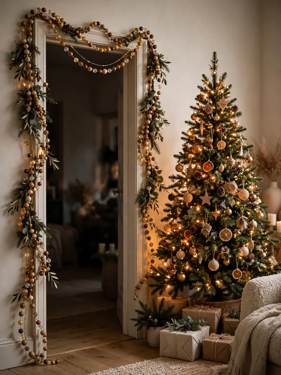 Beaded wire garland framing a doorway beside a glowing Christmas tree indoors