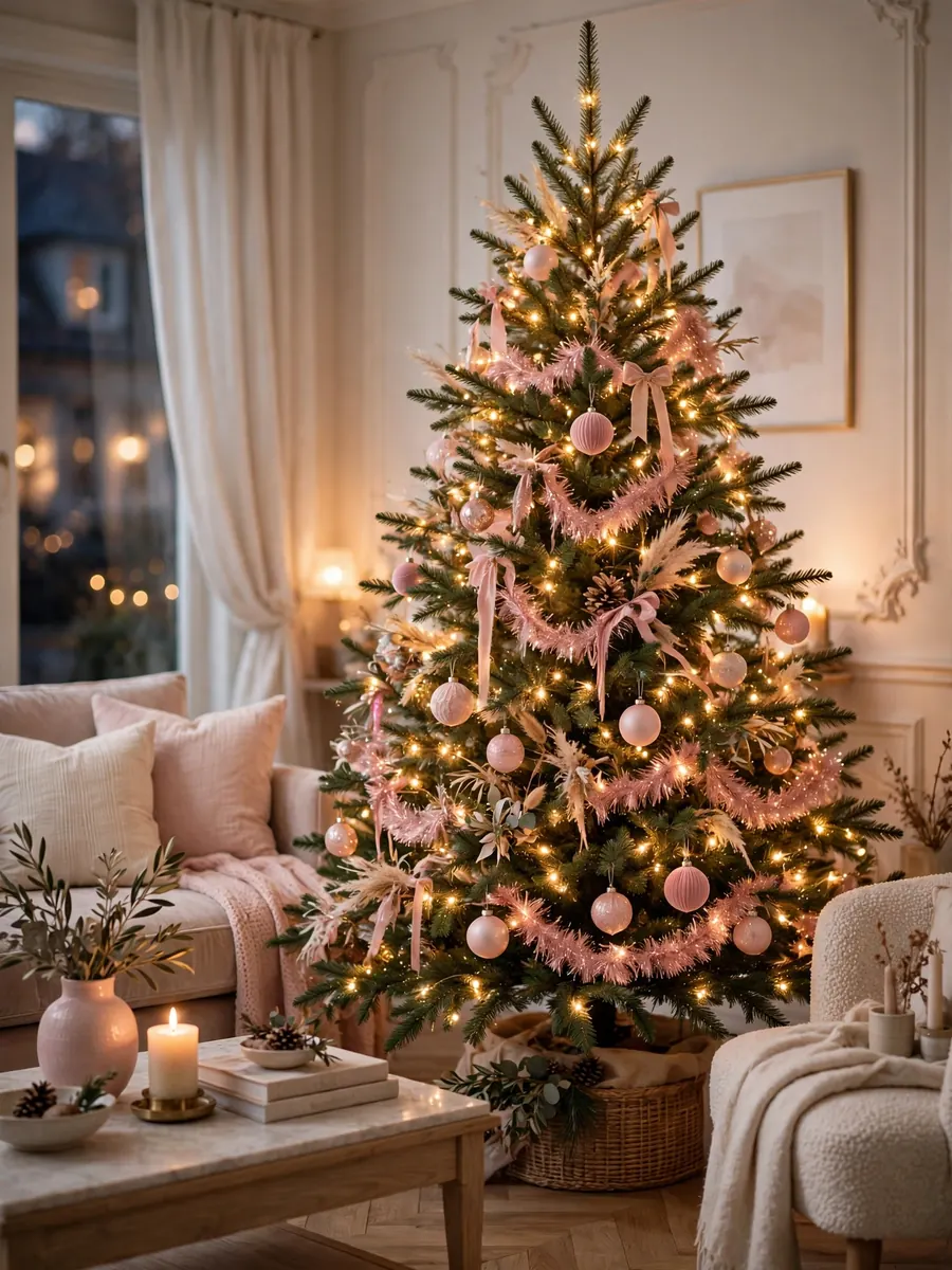 Blush pink tinsel accents on a glowing Christmas tree in a soft elegant living room