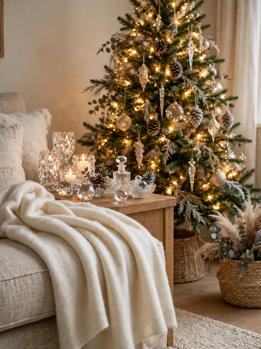 Ivory cashmere throws and crystal accents beside a glowing indoor Christmas tree