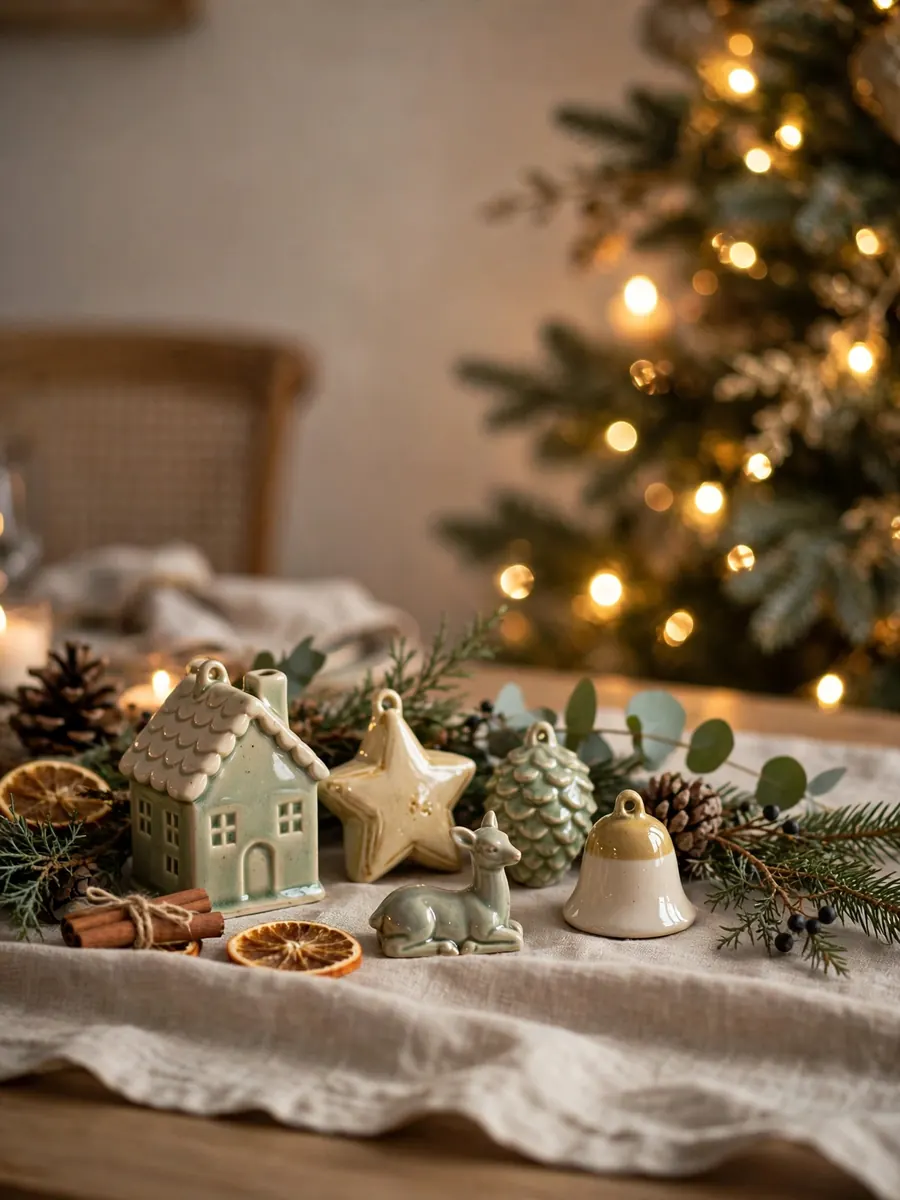 Dining table runner vignette with glazed ceramic ornaments beside a lighted Christmas tree