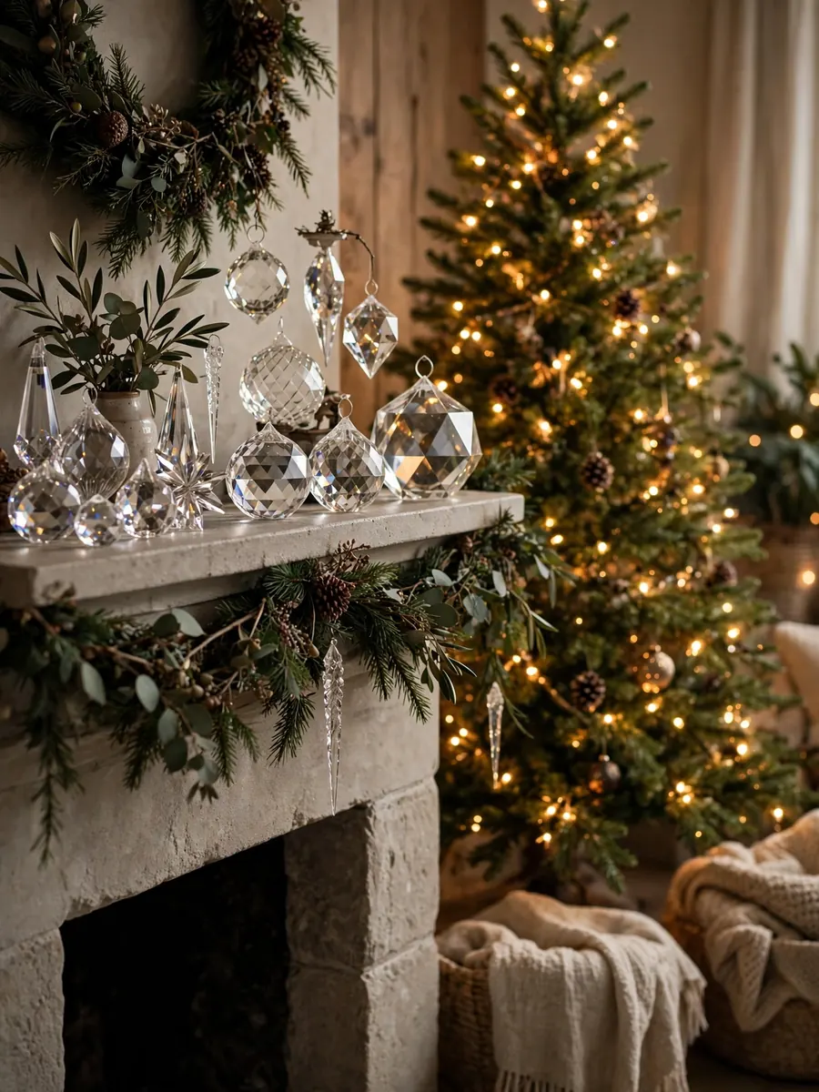 Faceted crystal ornaments on a mantel beside a warm lighted Christmas tree