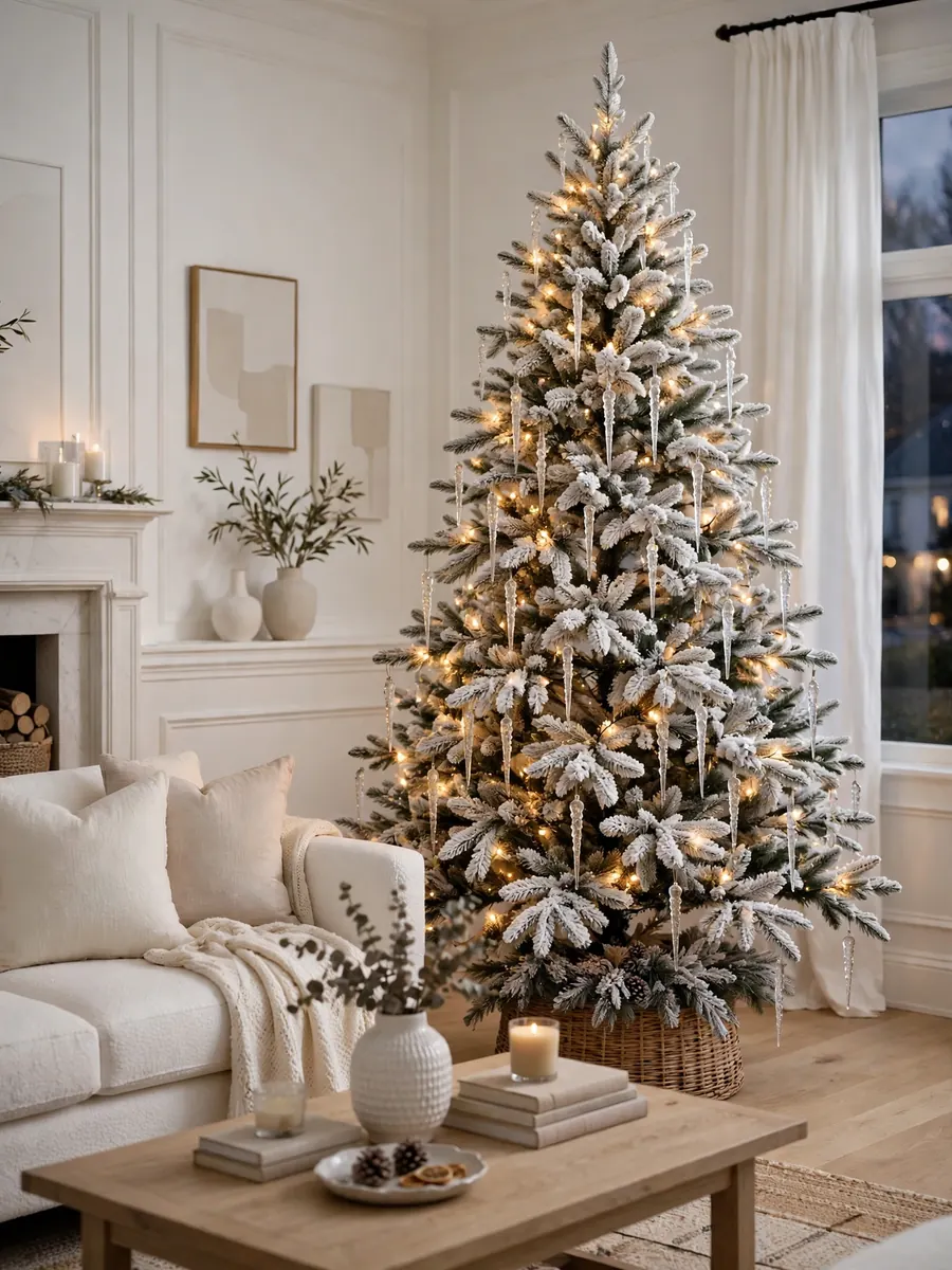 Flocked Christmas tree with icicle ornaments and warm lights in a white elegant living room