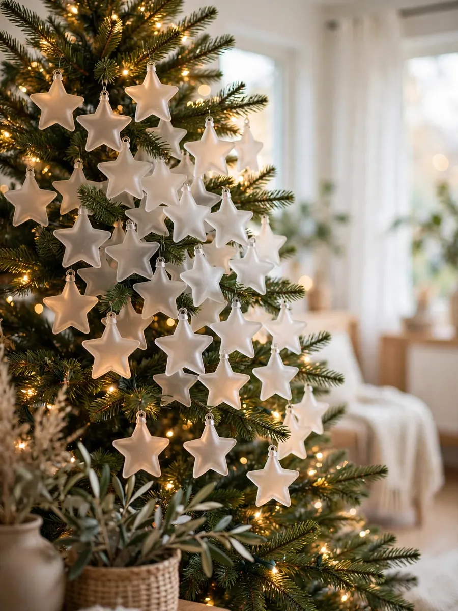 Frosted glass star ornaments clustered on a glowing Christmas tree in a bright room