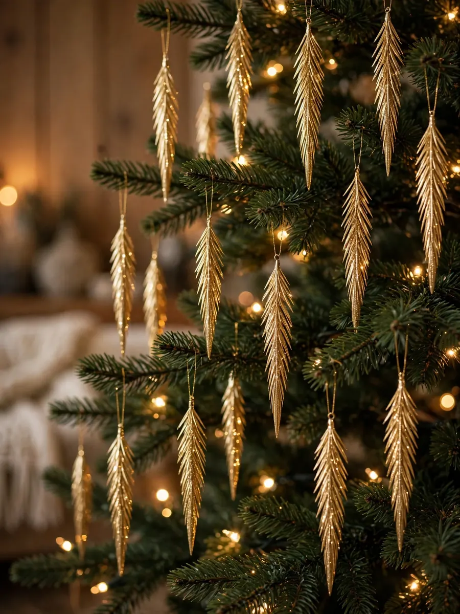 Burnished gold needle ornaments sparkling on an indoor lighted Christmas tree