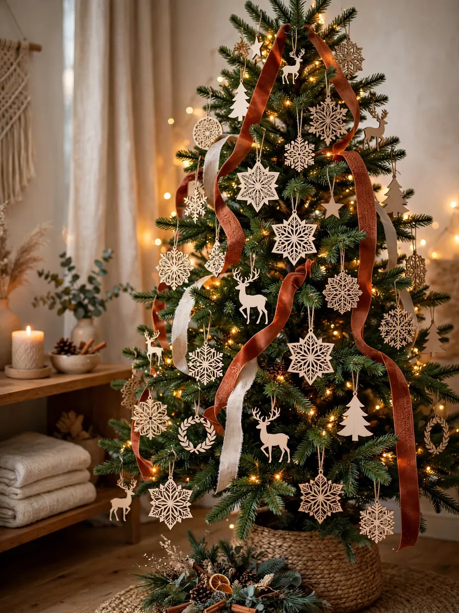 Christmas tree with laser-cut wood ornaments and ribbon displays glowing with warm lights indoors