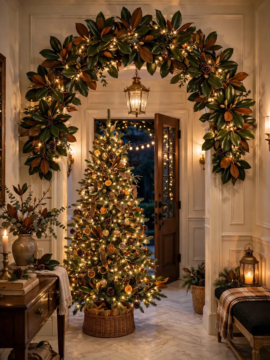 Lighted Christmas tree beneath a magnolia leaf arch in an elegant entryway with warm glowing lights
