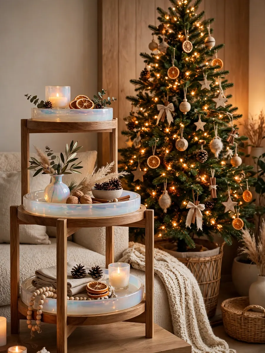 Opal glass and natural wood tiered decor beside a glowing indoor Christmas tree